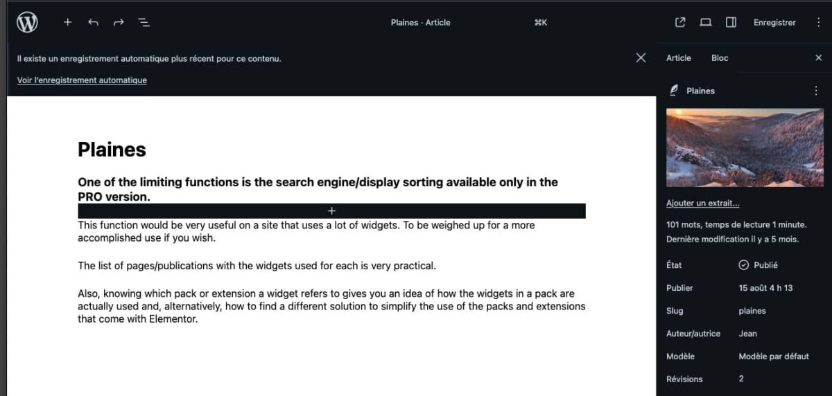 Dark mode : quelle extension <b>pour WordPress ?</b> 2 Édition d’une page WordPress avec AboveWP Admin Dark Mode