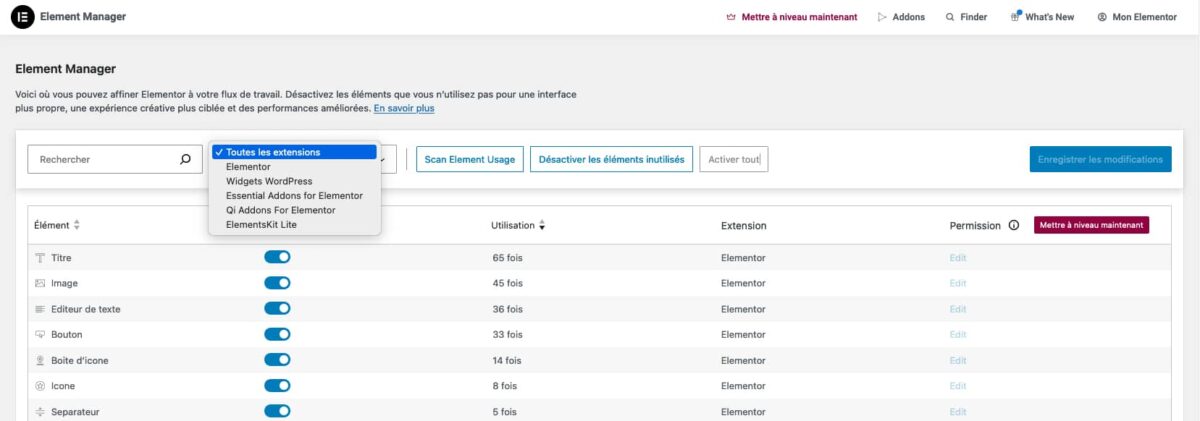 Widget Detector for Elementor : <b>qui fait quoi</b> dans votre site WordPress ? 7 Fonctionnalité Element Manager d’Elementor