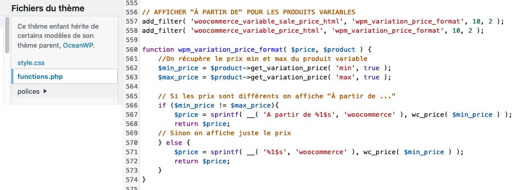 Tips & tricks : produit variable WooCommerce <b>“À partir de”</b> 2 Snippet PHP pour l’astuce : produit variable "À partir de"
