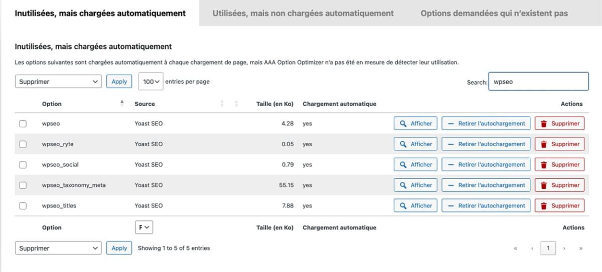 Nettoyer les options de WordPress : <b>AAA Option Optimizer</b> est là pour ça ! 6 Rechercher des options - Aaa Option Optimizer