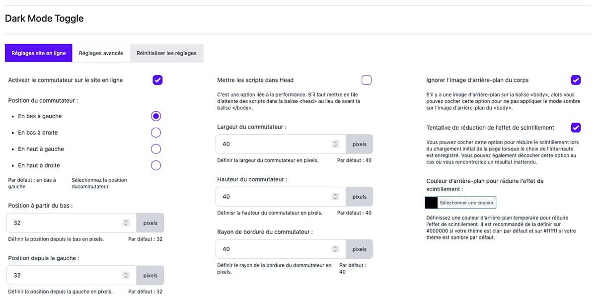 Dark mode : quelle extension <b>pour WordPress ?</b> 4 Réglages de l'extension Dark Mode Toggle