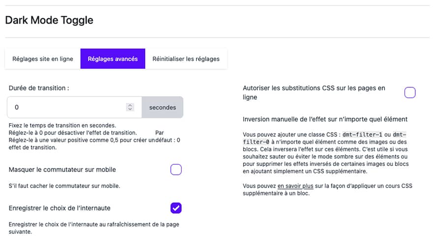 Dark mode : quelle extension <b>pour WordPress ?</b> 5 Réglages de l'extension Dark Mode Toggle