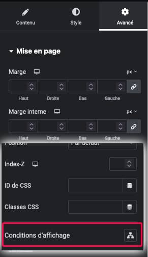 menu des conditions d&rsquo;affichage dans Elementor PRO