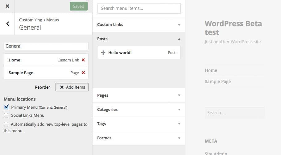 WordPress 4.3 : <b>quoi de neuf ?</b> 1 Gestion du menu dans la partie personnalisation