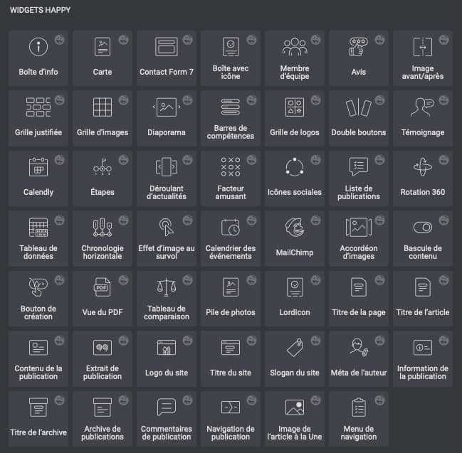Happy Addons : <b>un bon pack</b> pour Elementor gratuit ! 1 Tous les widgets dans Happy Addons gratuit