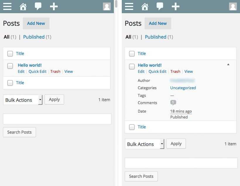 WordPress 4.3 : <b>quoi de neuf ?</b> 6 Listing articles et pages complété sur mobile