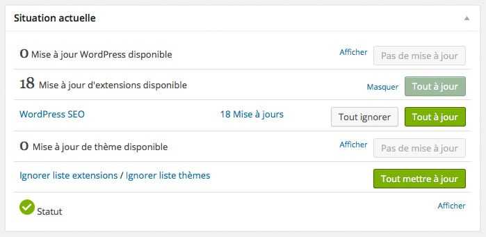 Superviser des sites <b>WordPress</b> avec <b>MainWP</b> 4 Liste des mises à jour dans le tableau de bord MainWP