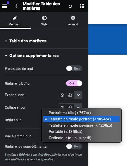 Elementor PRO : fermer <b>par défaut</b> le widget Table des matières 3 Nouveaux réglages dans le widget de Tables des matières d’Elementor PRO