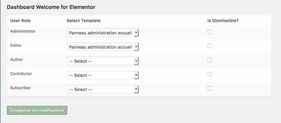 Dashboard Welcome for Elementor : <b>personnalisez</b> votre administration WordPress 3 Extension Dashboard Welcome for Elementor - Réglages profils et panneaux