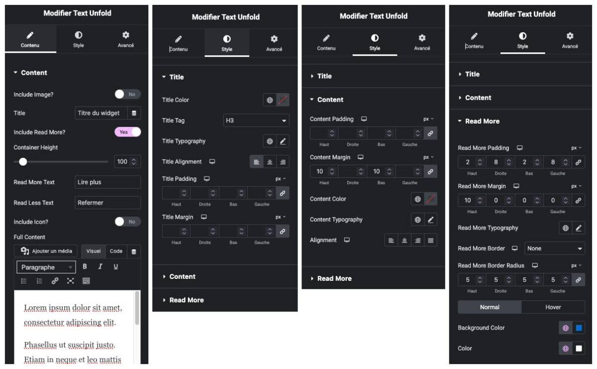 Text Unfold For Elementor : <b>dépliez vos textes trop longs</b> 3 Les différents réglages du widget Text Unfold For Elementor