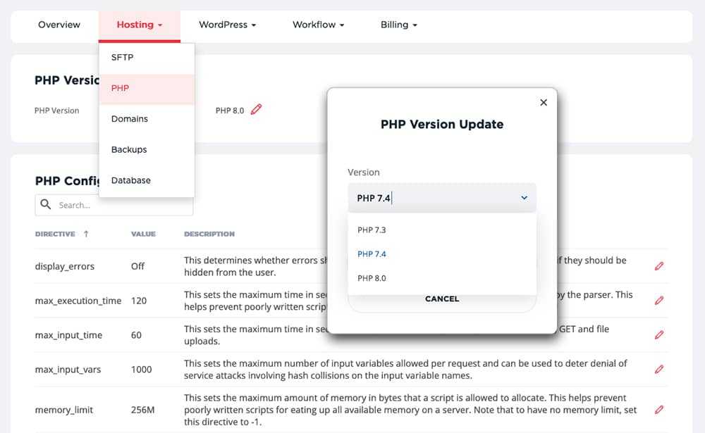 R&eacute;glages PHP de l&rsquo;h&eacute;bergement sur Wordify