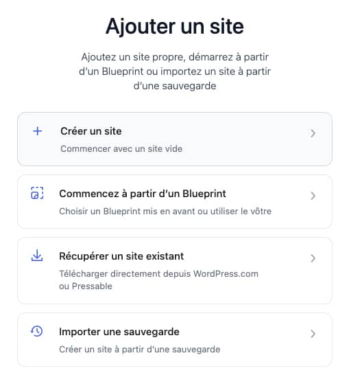 WordPress Studio : <b>développez en local gratuitement</b>… mais pour wordpress.com ! 3 Création d’un site dans WordPress Studio