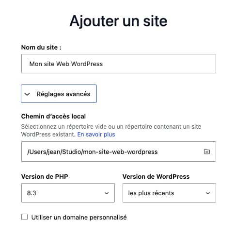 WordPress Studio : <b>développez en local gratuitement</b>… mais pour wordpress.com ! 4 Les réglages du site dans WordPress Studio