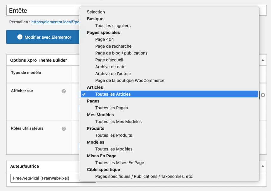 Xpro Addons For Elementor : un pack complémentaire <b>très utile !</b> 8 Choix de l’affichage de modèle dynamique avec Xpro Addons For Elementor.